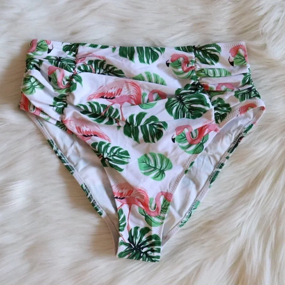 NEW White Green Flamingo Monstera Bikini Swim Set Size Small - Picture 6 of 10
